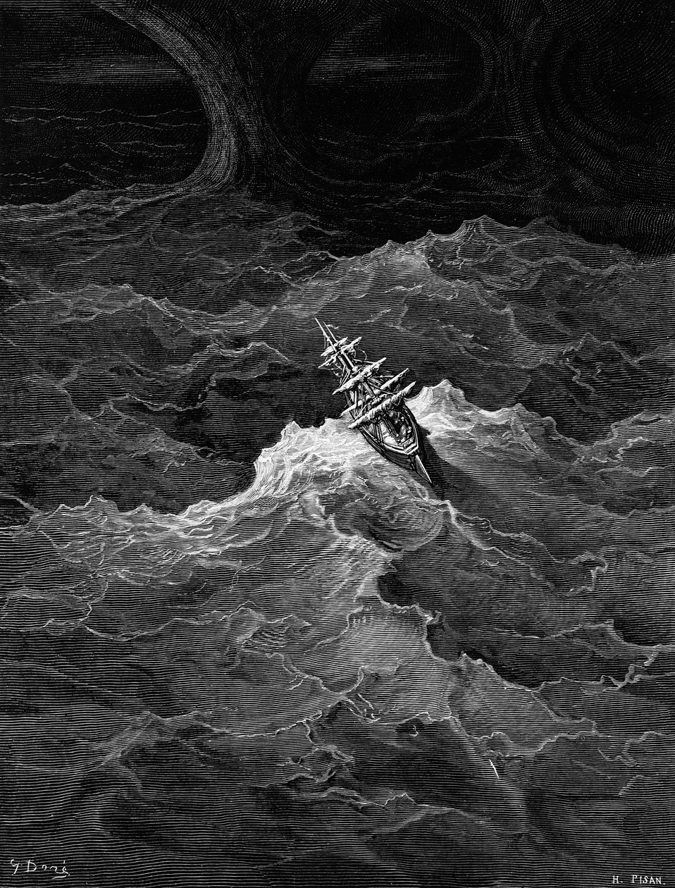 سفينة في بحر عاصف ، مشهد من "The Rime of the Ancient Mariner" بواسطة ST Coleridge ، بواسطة ST Coleridge ، نشره Harper und Brothers ، نيويورك ، 1876 (نقش الخشب) بواسطة غوستاف دور