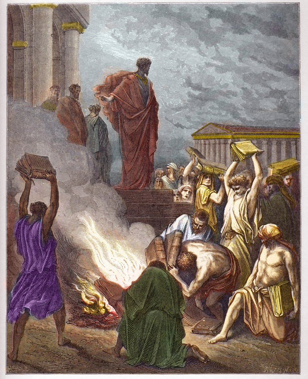 القديس بولس في أفسس - القديس بولس أفسس - نبوءة القديس بولس أفسس. اليهود الذين شاركوا في طرد الأرواح الشريرة يحرقون الكتب - - نقش في "The Bible illustree" بقلم غوستاف دوري (1832-1883) - نقش من "" الكتاب المقدس دوري " بواسطة غوستاف دور