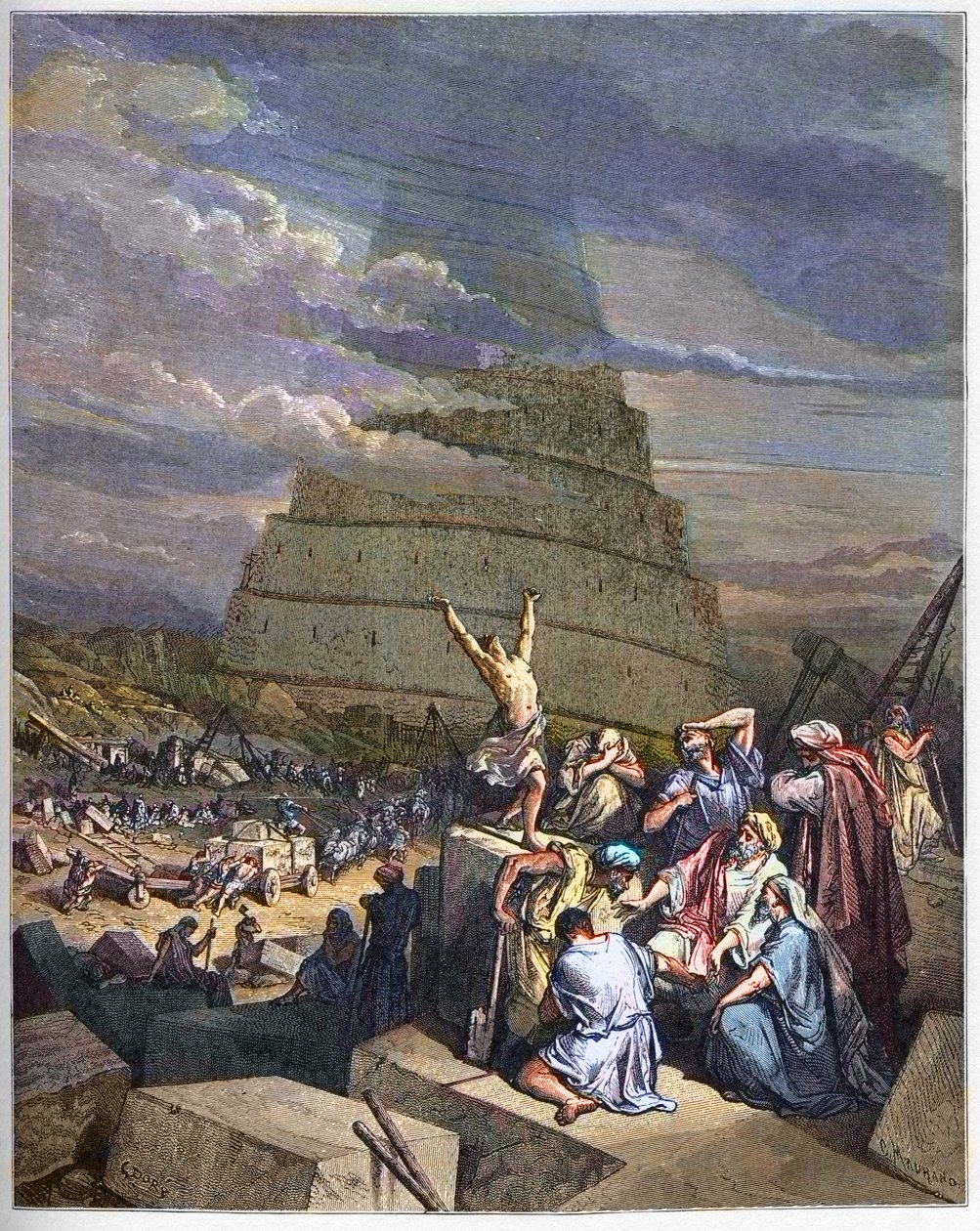برج بابل - رسم برج بابل لسفر التكوين والتشويش اللغوي من قبل Yahve. على اليمين ، الملك نمرود (أو نمرود ، نمرود) يناقش مع المهندسين المعماريين - نقش في "إنجيل إنستري" بقلم غوستاف دوري (1832-1883) - نقش من "" ث بواسطة غوستاف دور