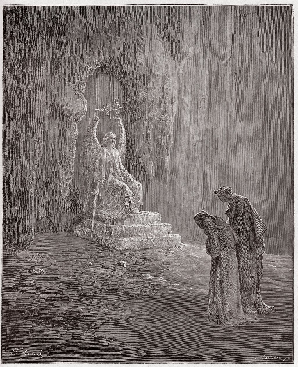 الكوميديا الإلهية (La Divina Comedia ، La Divine Comedie) ، Purgatorio ، Canto 9: Dante and Virgil at the portals of Purgatory - بواسطة Dante Alighieri (1265-1321) - رسم توضيحي بواسطة Gustave Dore (1832-1883) بواسطة غوستاف دور