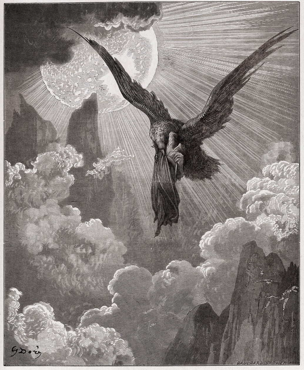 الكوميديا الإلهية (La Divina Comedia ، La Divine Comedie) ، Purgatorio ، Canto 9: Dante ، في المنام ، ينقلها نسر - بقلم دانتي أليغييري (1265-1321) - رسم توضيحي لغوستاف دوري (1832-1883) بواسطة غوستاف دور