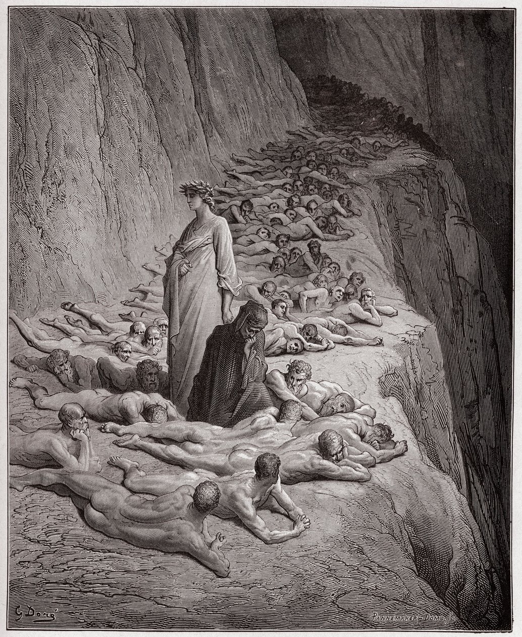 الكوميديا الإلهية (La Divina Comedy ، La Divine Comedie) ، Purgatorio ، Canto 19: أرواح الجشع: Adrian V يتحدث إلى Dante - بقلم Dante Alighieri (1265-1321) - رسم من Gustave Dore (1832-1883) بواسطة غوستاف دور
