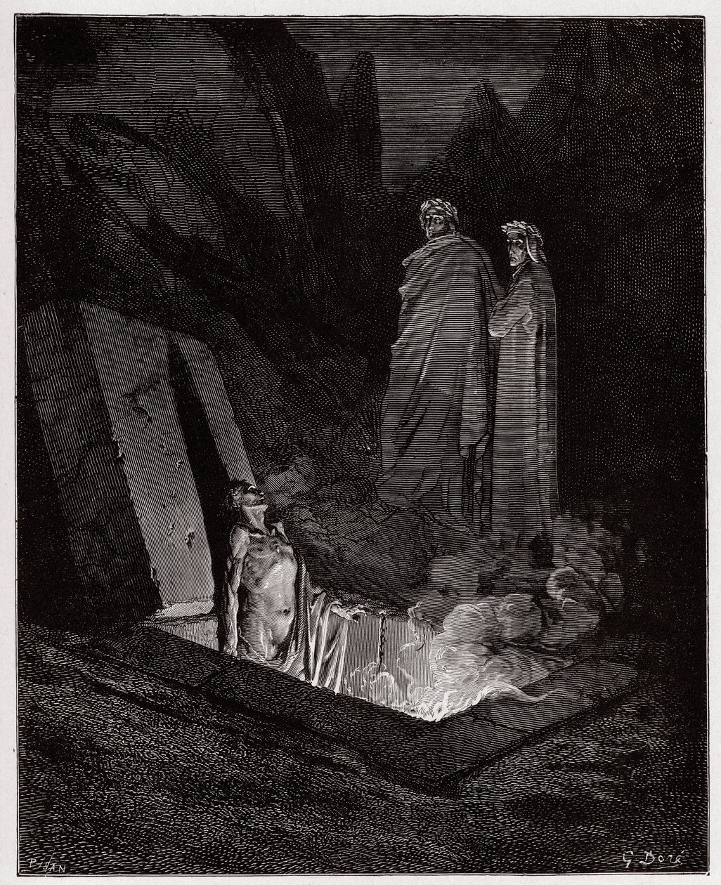 الكوميديا الإلهية (La Divina Commedia ، La Divine Comedie) ، Inferno ، Canto 10: Farinata degli Uberti تخاطب Dante - بقلم Dante Alighieri (1265-1321) - رسم من Gustave Dore (1832-1883) بواسطة غوستاف دور