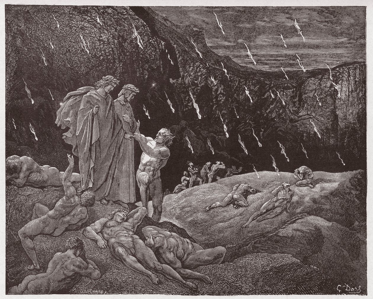الكوميديا الإلهية (La Divina Commedia ، La Divine Comedie) ، Inferno ، Canto 15: Brunetto Latini accosts Dante - بواسطة Dante Alighieri (1265-1321) - رسم من Gustave Dore (1832-1883) بواسطة غوستاف دور