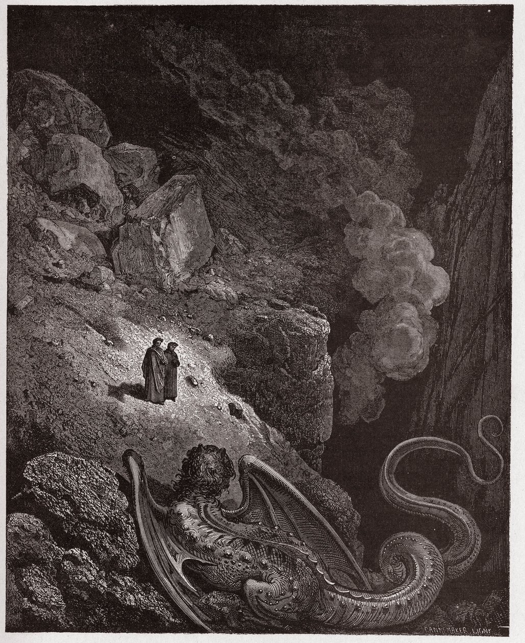 الكوميديا الإلهية (La Divina Commedia ، La Divine Comedie) ، Inferno ، Canto 17: Geryon ، رمز الخداع - بواسطة Dante Alighieri (1265-1321) - رسم توضيحي لـ Gustave Dore (1832-1883) بواسطة غوستاف دور