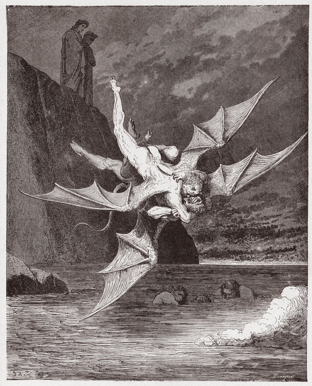 الكوميديا الإلهية (La Divina Commedia ، La Divine Comedie) ، Inferno ، Canto 22: Alichino و Calcabrina يتصارعان فوق الملعب - بواسطة Dante Alighieri (1265-1321) - رسم من Gustave Dore (1832-1883) بواسطة غوستاف دور