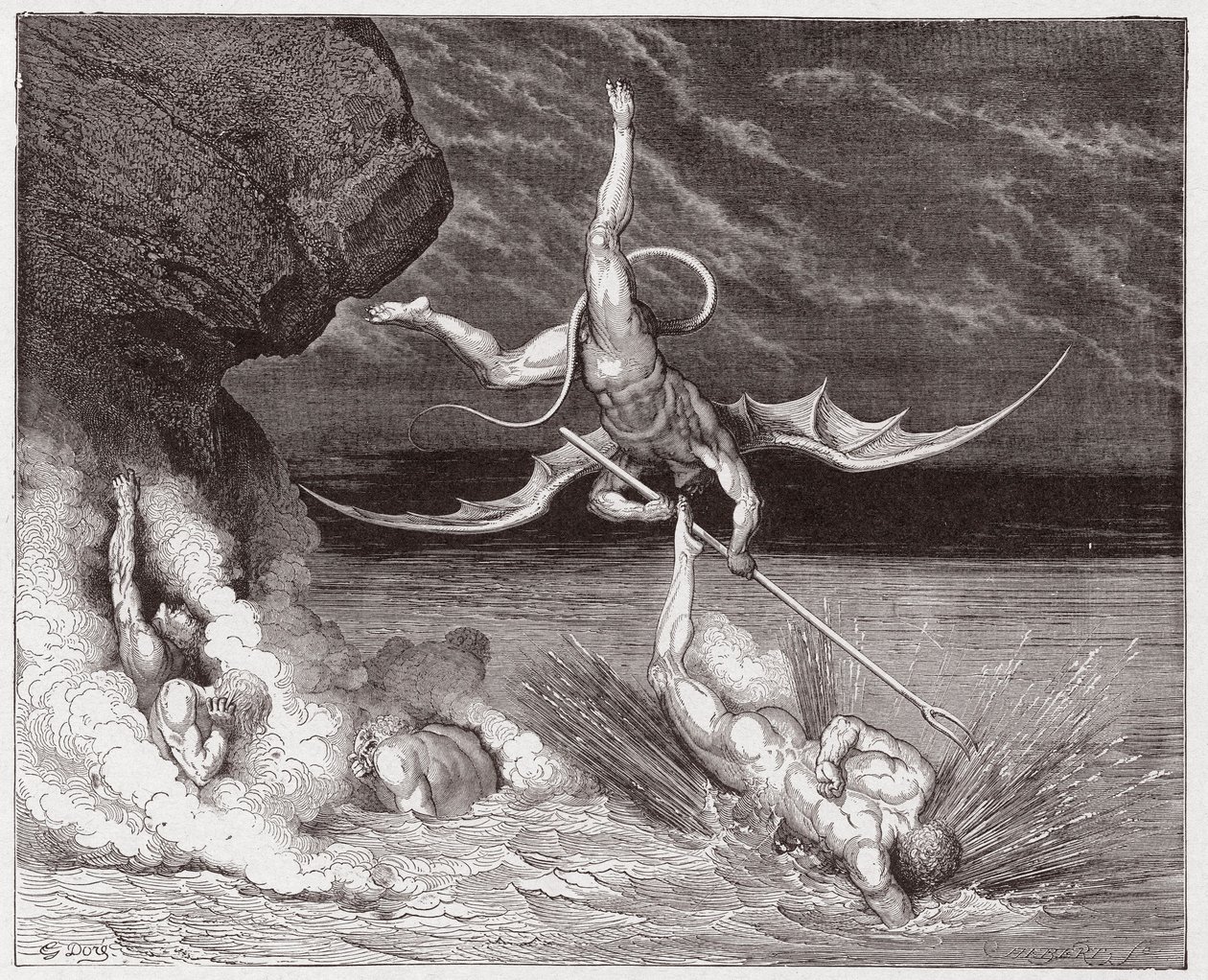 الكوميديا الإلهية (La Divina Commedia ، La Divine Comedie) ، Inferno ، Canto 22: Ciampolo يهرب من الشيطان Alichino في Bolgia الخامسة - بواسطة Dante Alighieri (1265-1321) - رسم من Gustave Dore (1832-1883) بواسطة غوستاف دور