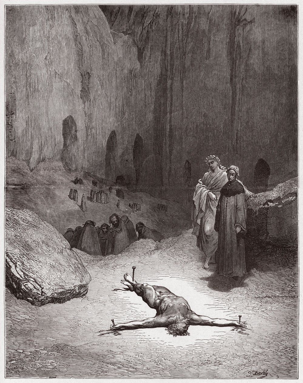الكوميديا الإلهية (La Divina Commedia ، La Divine Comedie) ، Inferno ، Canto 23: الفريسي المصلوب بين المنافقين - بقلم دانتي أليغيري (1265-1321) - رسم من غوستاف دوري (1832-1883) بواسطة غوستاف دور