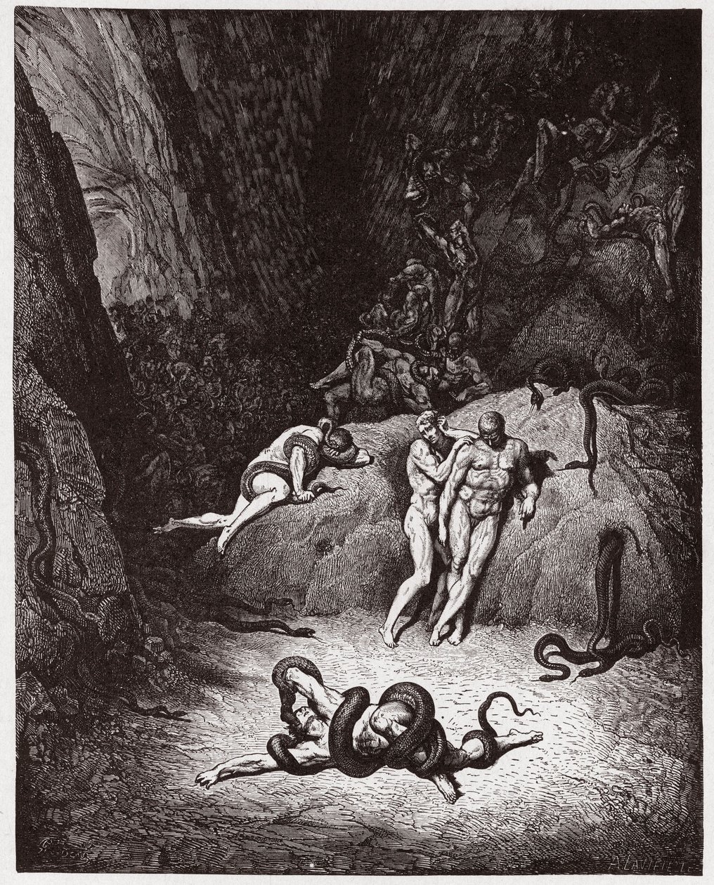 الكوميديا الإلهية (La Divina Commedia ، La Divine Comedie) ، Inferno ، Canto 25: Agnello يتحول إلى ثعبان - بواسطة Dante Alighieri (1265-1321) - رسم من Gustave Dore (1832-1883) بواسطة غوستاف دور