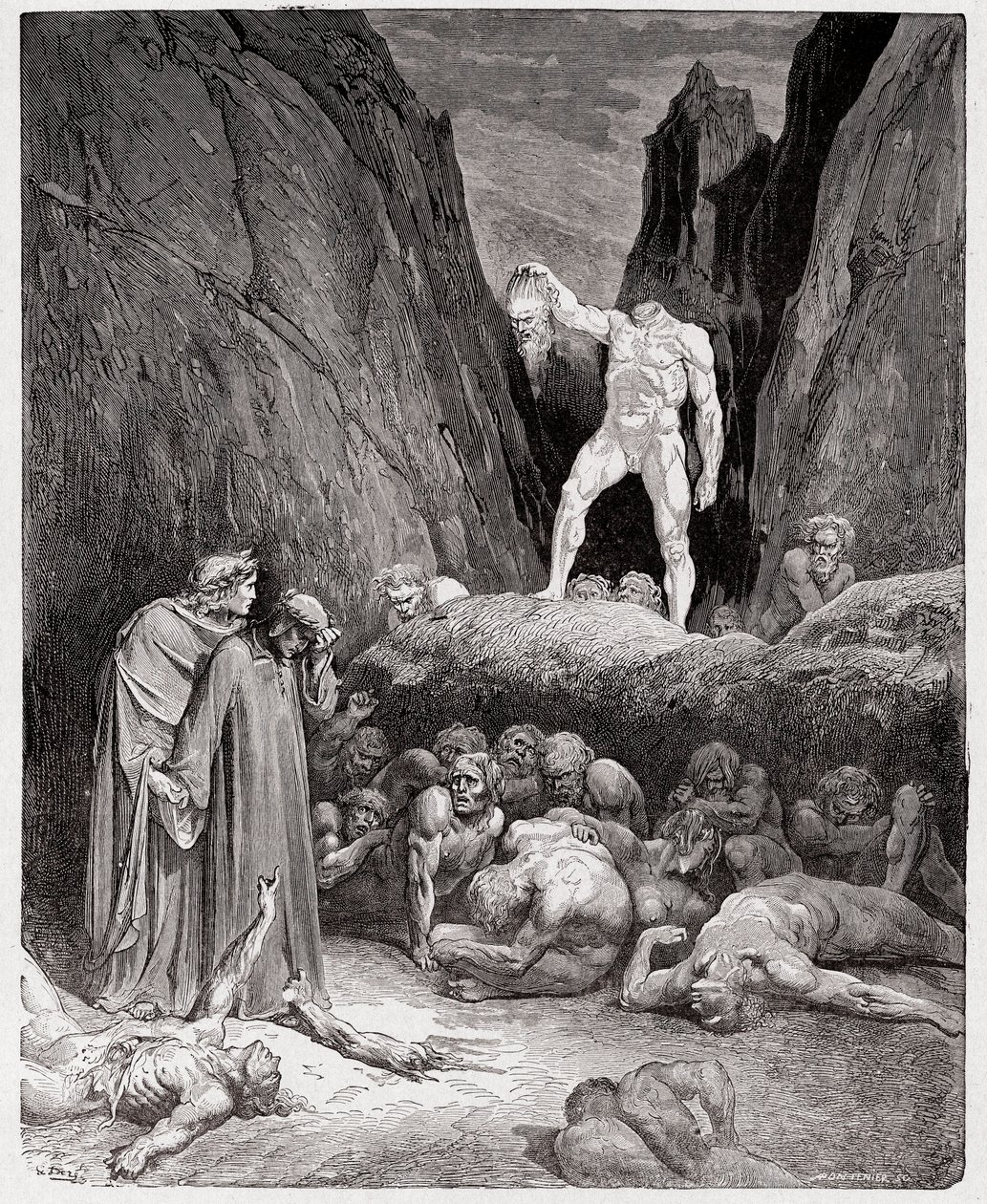 الكوميديا الإلهية (La Divina Commedia ، La Divine Comedie) ، Inferno ، Canto 28: الرأس المقطوع لـ Bertrand de Born يتحدث إلى Dante - بقلم Dante Alighieri (1265-1321) - رسم من Gustave Dore (1832-1883) بواسطة غوستاف دور