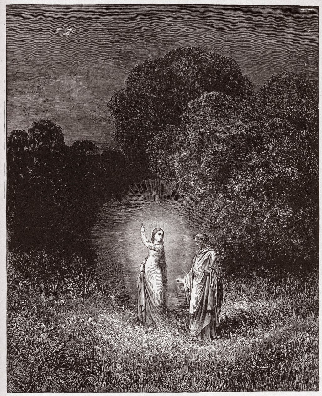 الكوميديا الإلهية (La Divina Commedia ، La Divine Comedie) ، Inferno ، Canto 2: Beatrice and Virgil - بواسطة Dante Alighieri (1265-1321) - رسم توضيحي لـ Gustave Dore (1832-1883) بواسطة غوستاف دور