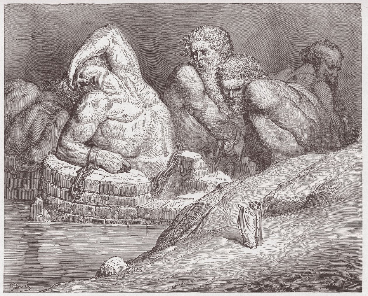 الكوميديا الإلهية (La Divina Commedia ، La Divine Comedie) ، Inferno ، Canto 31: Ephialtes in manacles بين العمالقة - بواسطة Dante Alighieri (1265-1321) - رسم من Gustave Dore (1832-1883) بواسطة غوستاف دور