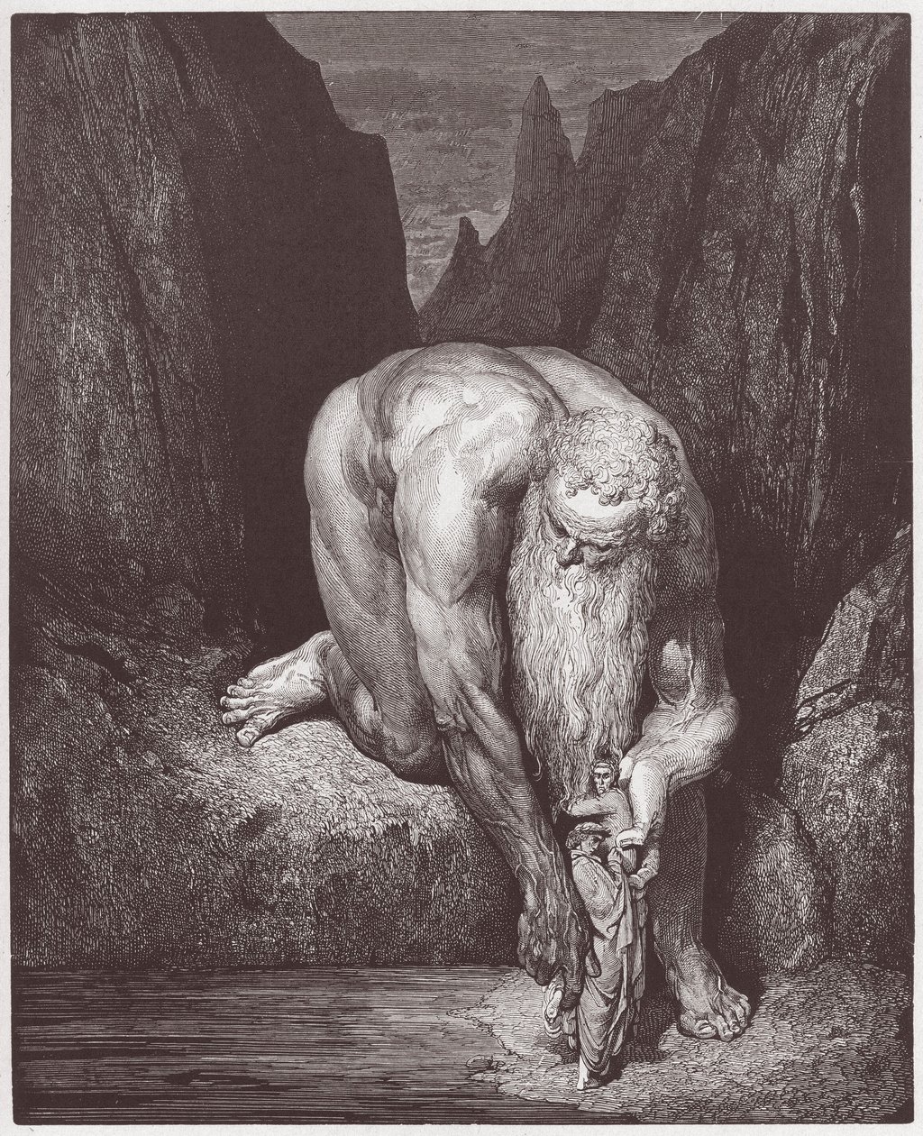 الكوميديا الإلهية (La Divina Commedia ، La Divine Comedie) ، Inferno ، Canto 31: العملاق Antaeus يخفض Dante و Virgil إلى الدائرة الأخيرة - بواسطة Dante Alighieri (1265-1321) - رسم توضيحي لـ Gustave Dore (1832-1883) بواسطة غوستاف دور