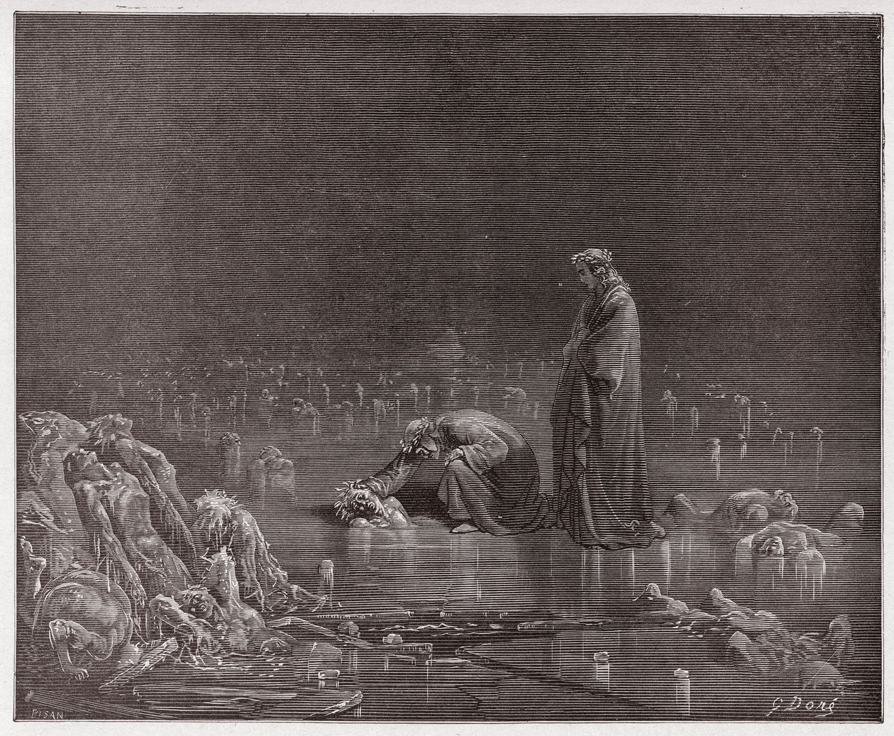 الكوميديا الإلهية (La Divina Commedia ، La Divine Comedie) ، Inferno ، Canto 32: Dante يخاطب الخائن Bocca degli Abati - بواسطة Dante Alighieri (1265-1321) - رسم من Gustave Dore (1832-1883) بواسطة غوستاف دور