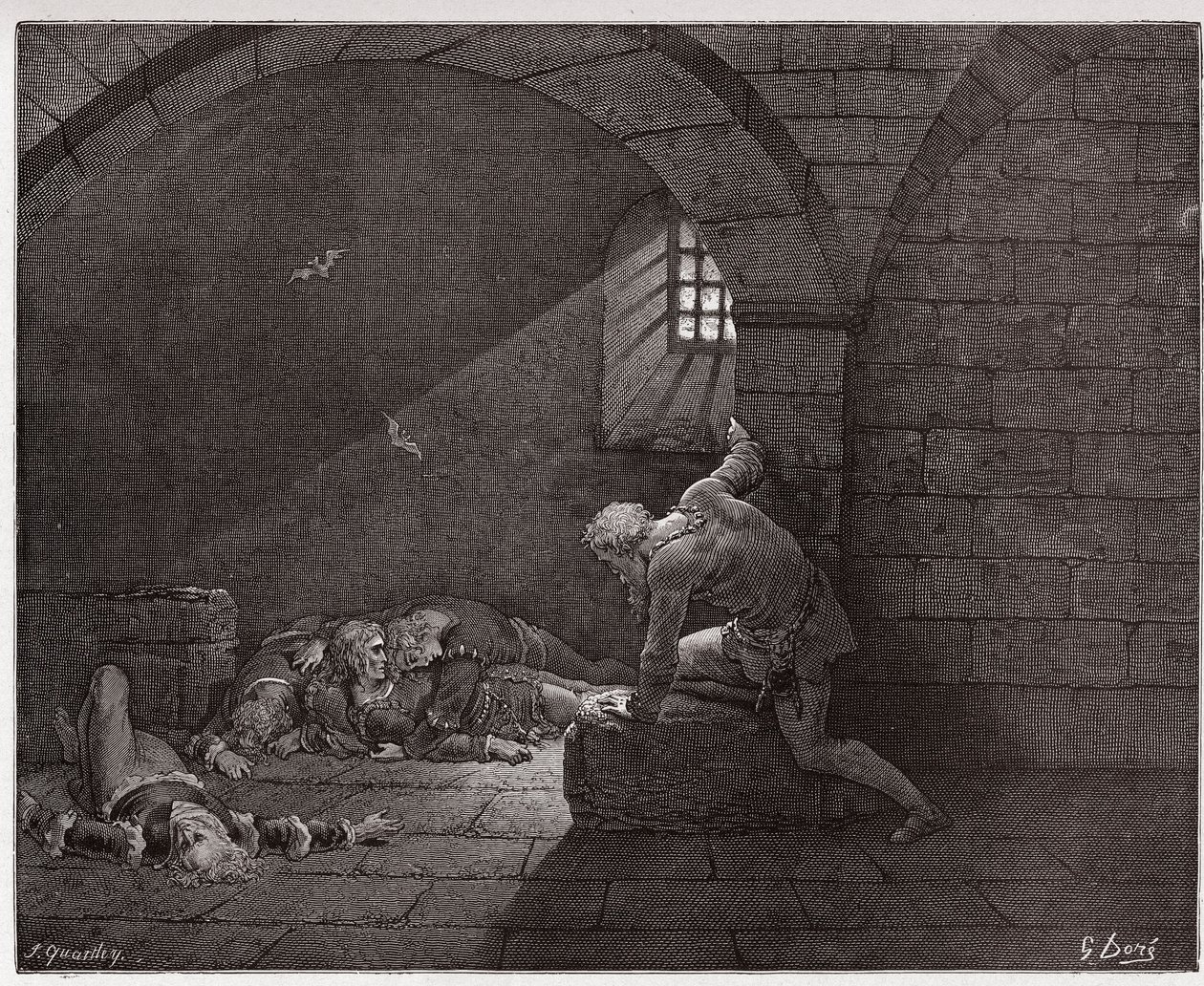 الكوميديا الإلهية (La Divina Commedia ، La Divine Comedie) ، Inferno ، Canto 33: Ugolino في الزنزانة مع أبنائه الأربعة المتوفين - بواسطة Dante Alighieri (1265-1321) - رسم من Gustave Dore (1832-1883) بواسطة غوستاف دور