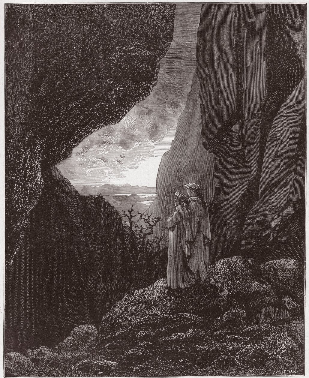 الكوميديا الإلهية (La Divina Commedia ، La Divine Comedie) ، Inferno ، Canto 34: Virgil و Dante يصعدان إلى العالم العلوي - بواسطة Dante Alighieri (1265-1321) - رسم من Gustave Dore (1832-1883) بواسطة غوستاف دور