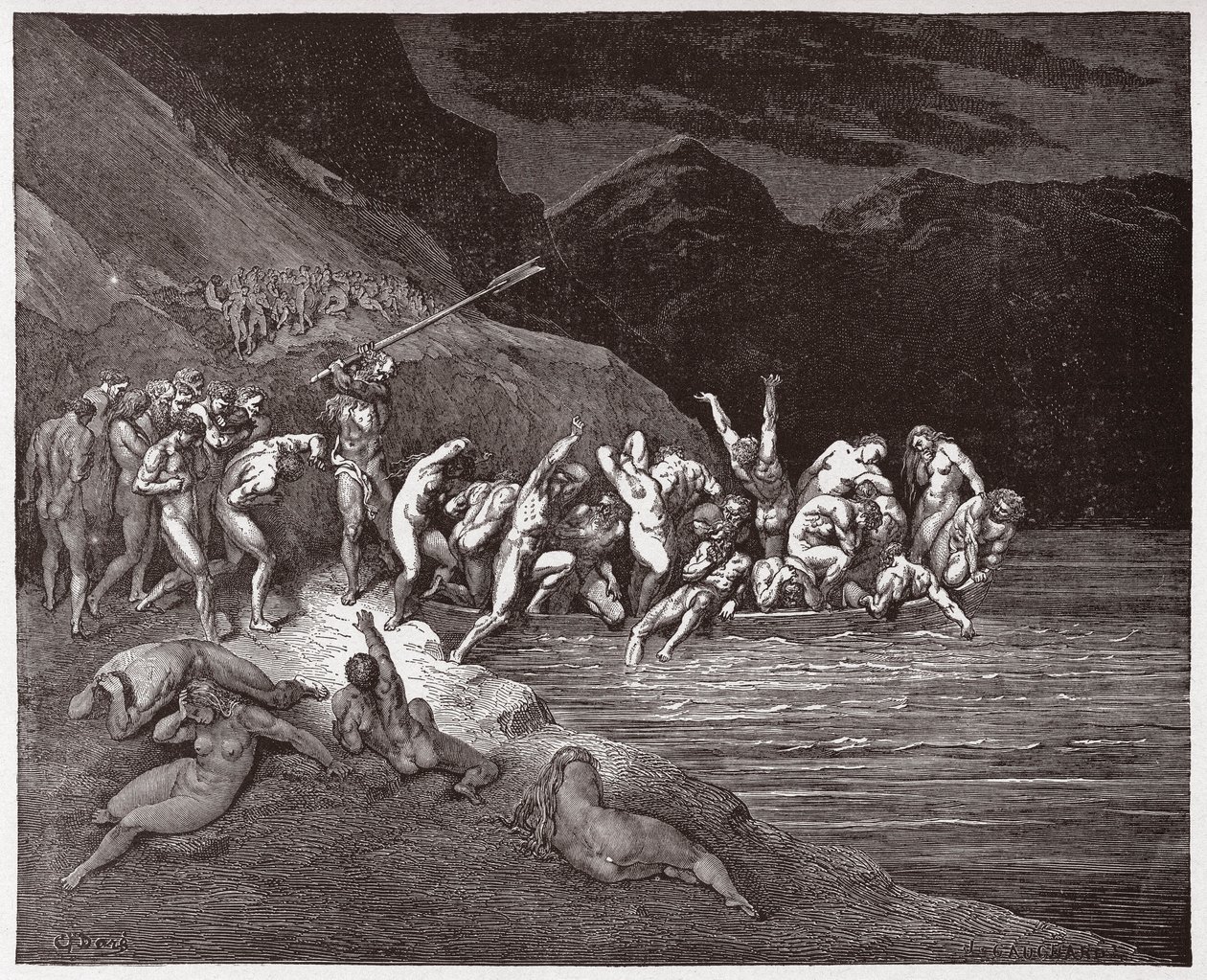 الكوميديا الإلهية (La Divina Commedia ، La Divine Comedie) ، Inferno ، Canto 3: الأرواح المنكوبة التي تشرع في عبور Acheron - بواسطة Dante Alighieri (1265-1321) - رسم من Gustave Dore (1832-1883) بواسطة غوستاف دور