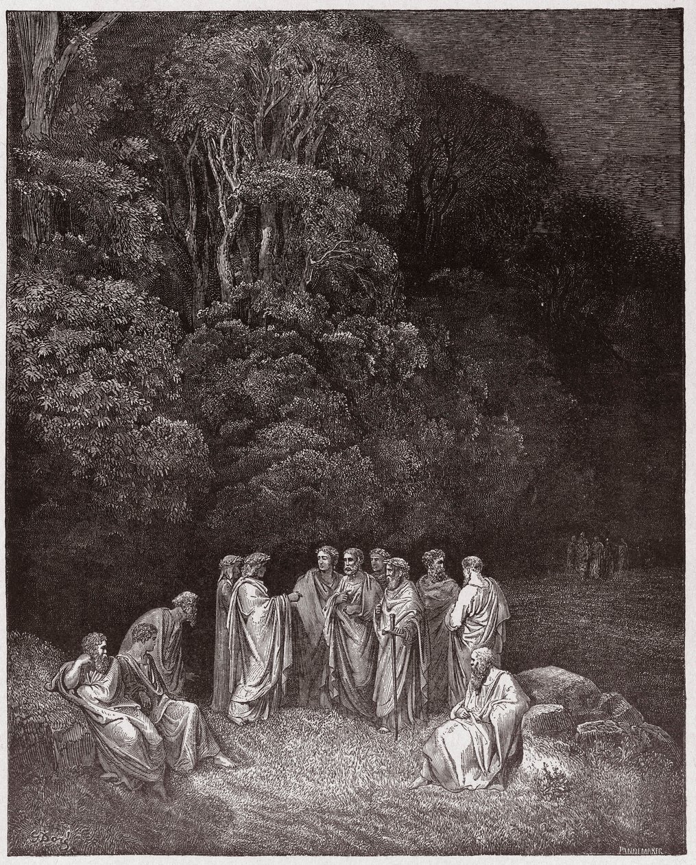 الكوميديا الإلهية (La Divina Commedia ، La Divine Comedie) ، Inferno ، Canto 4: Homer ، الشعراء ، والأبطال في Limbo - بواسطة Dante Alighieri (1265-1321) - رسم من Gustave Dore (1832-1883) بواسطة غوستاف دور