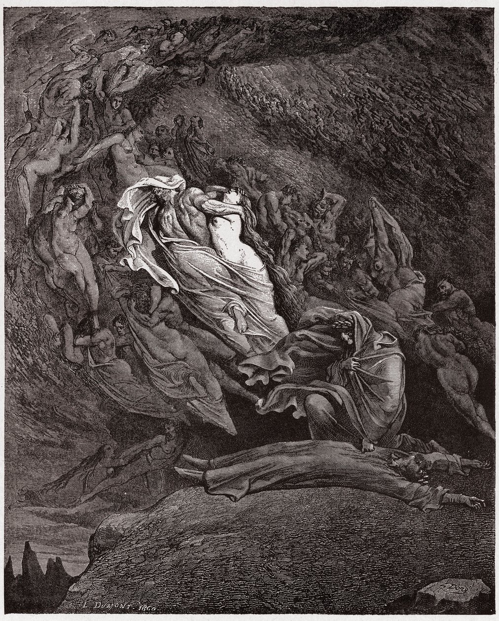 الكوميديا الإلهية (La Divina Commedia ، La Divine Comedie) ، جحيم ، كانتو 5: تصف فرانشيسكا وفاتها - بقلم دانتي أليغيري (1265-1321) - رسم توضيحي لغوستاف دوري (1832-1883) بواسطة غوستاف دور