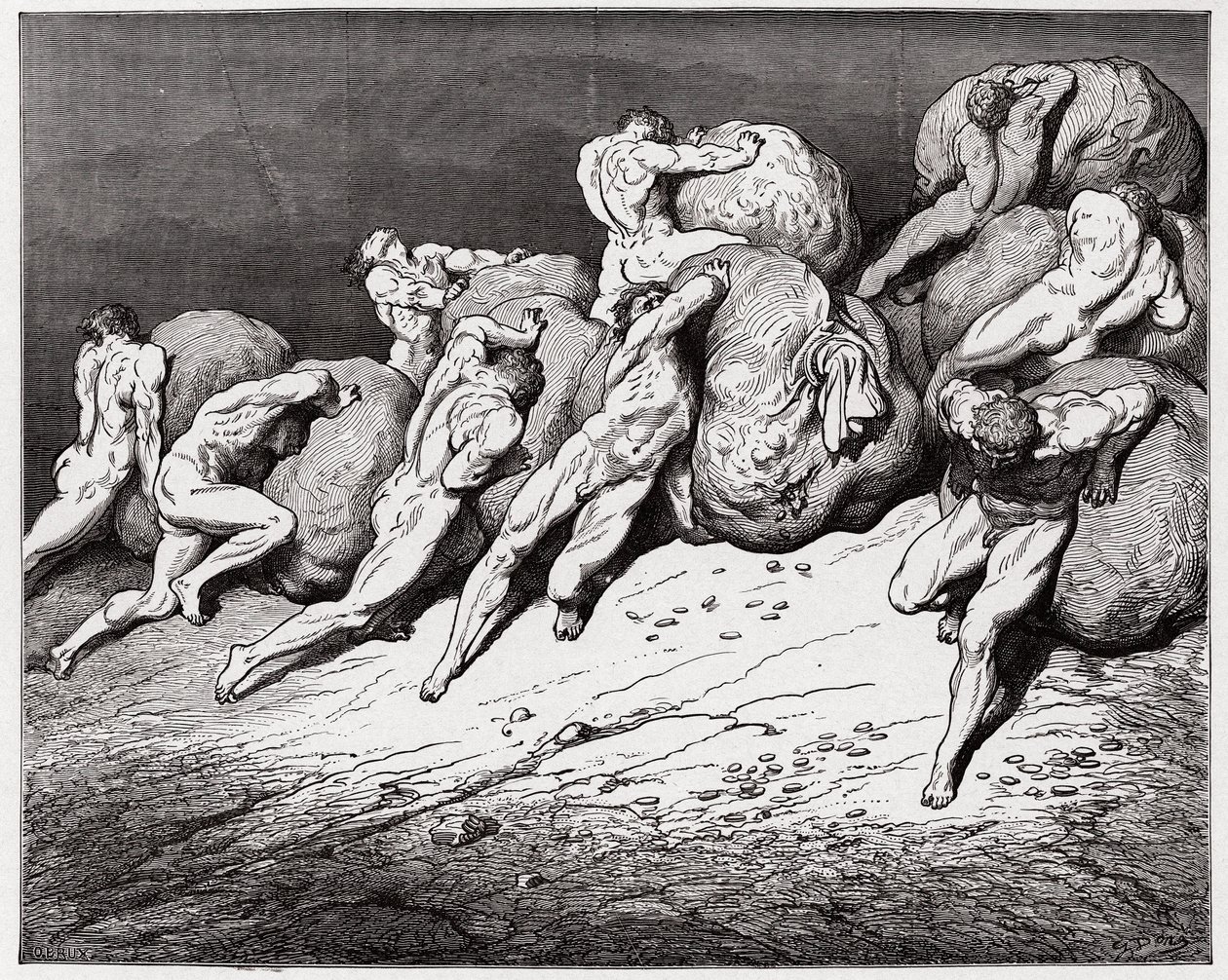 الكوميديا الإلهية (La Divina Commedia ، La Divine Comedie) ، Inferno ، Canto 7: أرواح الجشع والضال التي أُجبرت على دحرجة الأحجار الثقيلة - بقلم دانتي أليغيري (1265-1321) - رسم من غوستاف دوري (1832-1883) بواسطة غوستاف دور