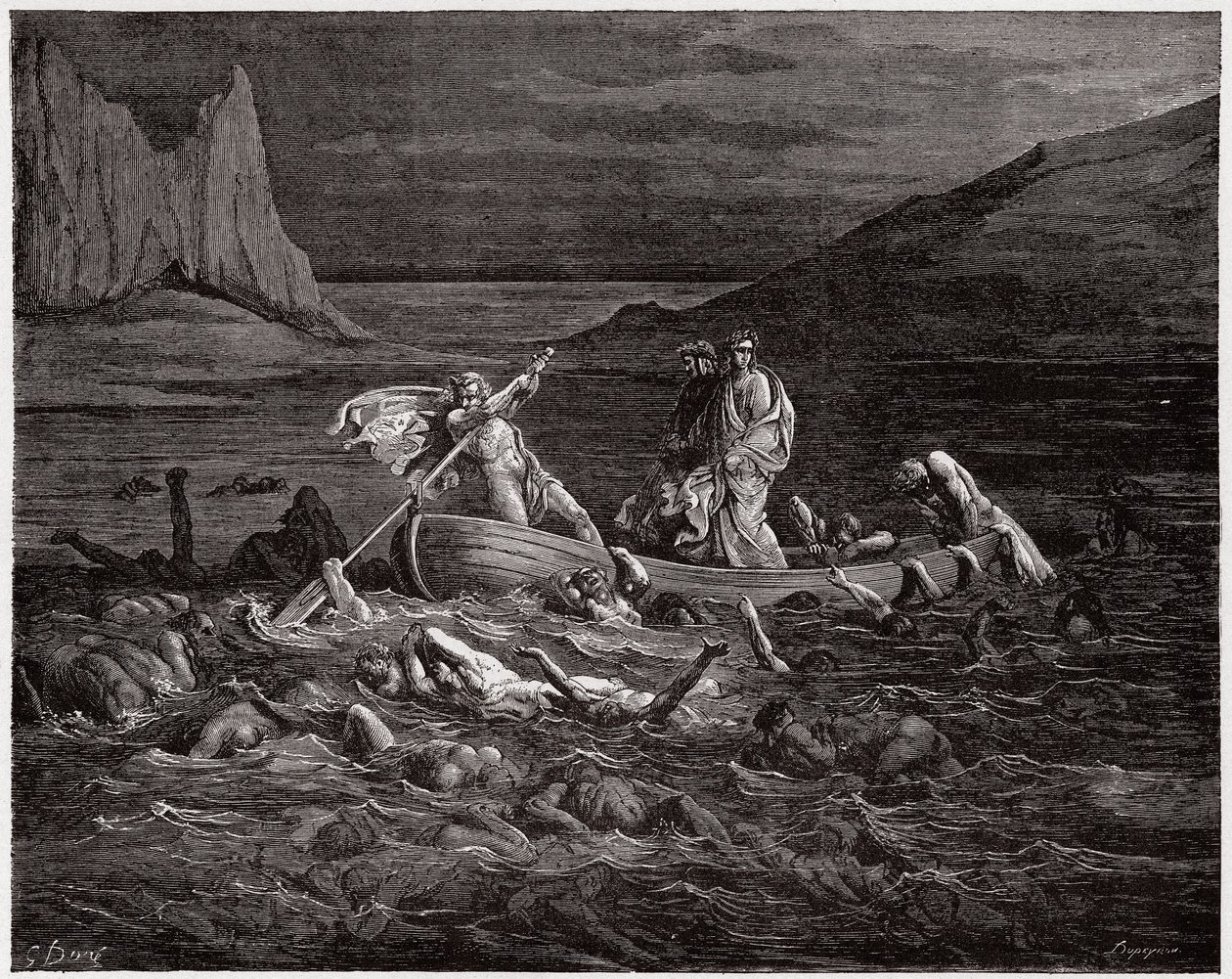 الكوميديا الإلهية (La Divina Commedia ، La Divine Comedie) ، Inferno ، Canto 8: Phlegyas ferries Dante and Virgil عبر Styx - بواسطة Dante Alighieri (1265-1321) - رسم من Gustave Dore (1832-1883) بواسطة غوستاف دور