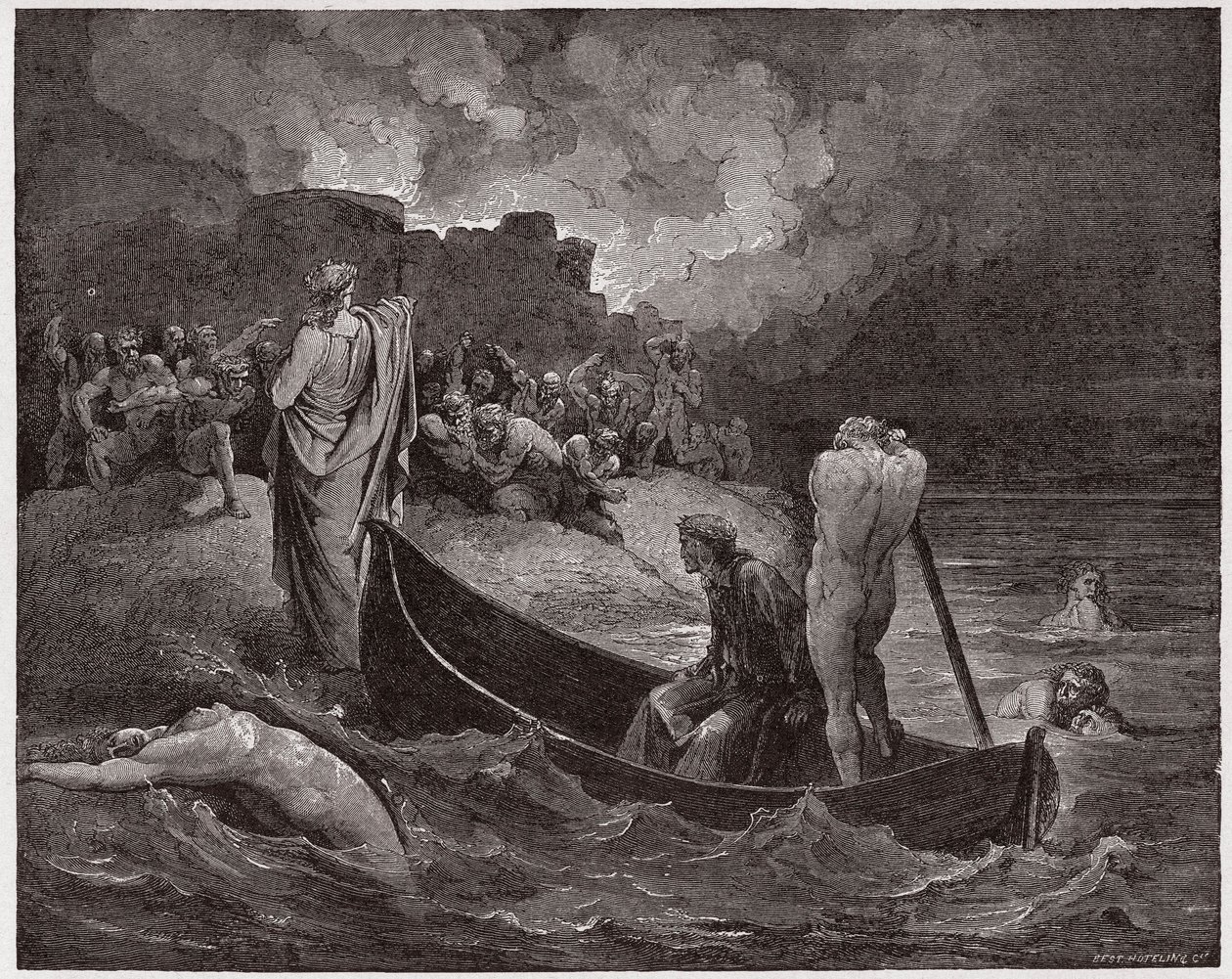 الكوميديا الإلهية (La Divina Commedia ، La Divine Comedie) ، جحيم ، كانتو 8: نزول فيرجيل ودانتي في قلعة ديس - بقلم دانتي أليغيري (1265-1321) - رسم توضيحي لغوستاف دوري (1832-1883) بواسطة غوستاف دور