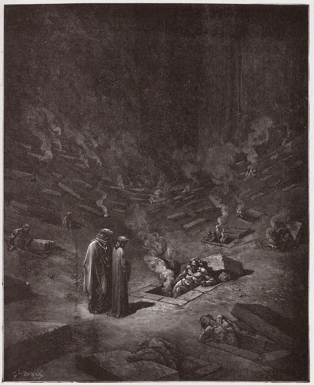 الكوميديا الإلهية (La Divina Commedia ، La Divine Comedie) ، جحيم ، كانتو 9: القبور المحترقة للهرطقة - بقلم دانتي أليغييري (1265-1321) - رسم من غوستاف دوري (1832-1883) بواسطة غوستاف دور