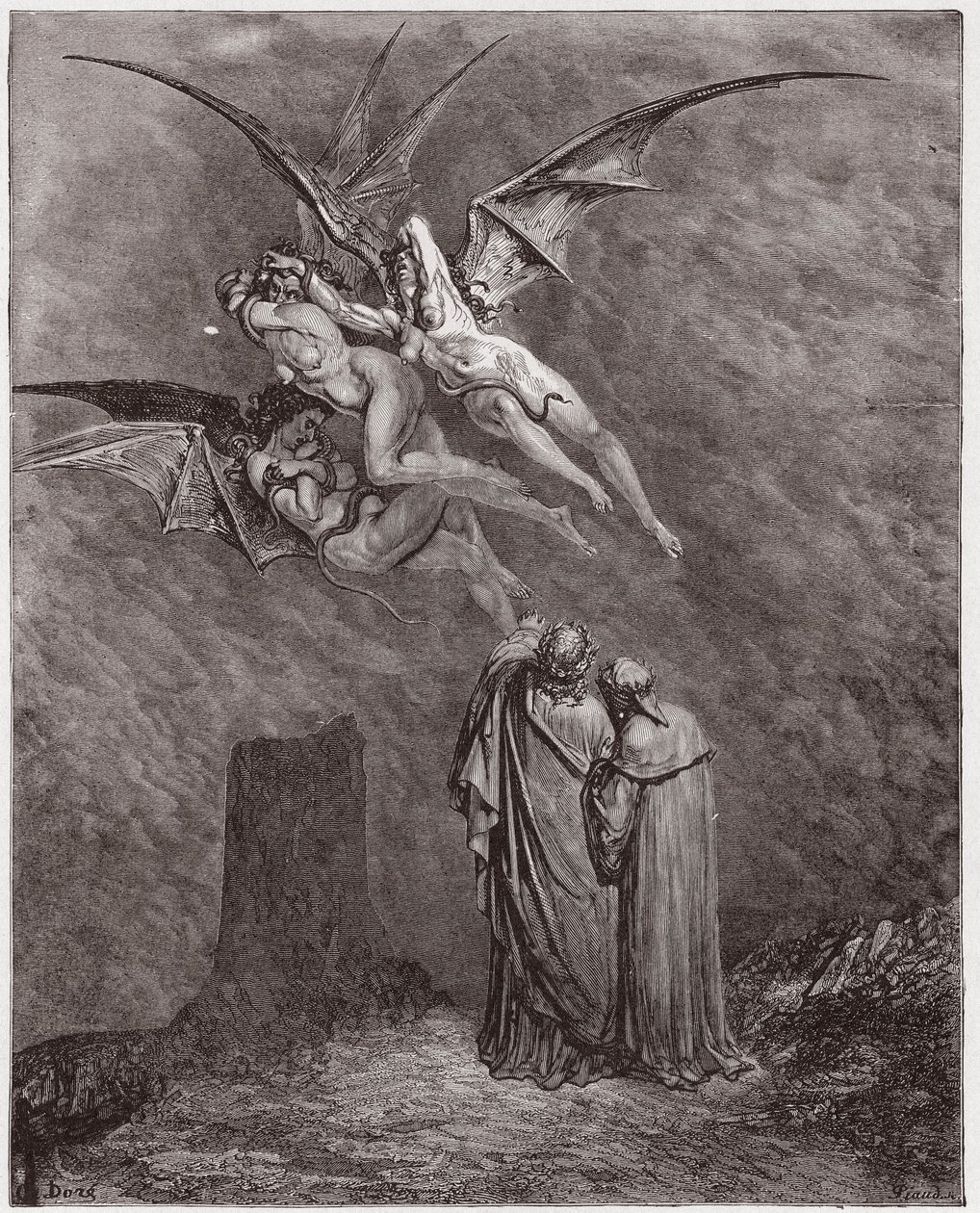 الكوميديا الإلهية (La Divina Commedia ، La Divine Comedie) ، Inferno ، Canto 9: The Erinyes البشعة: Megaera ، Tisphone ، Alecto - بقلم Dante Alighieri (1265-1321) - رسم توضيحي لـ Gustave Dore (1832-1883) بواسطة غوستاف دور
