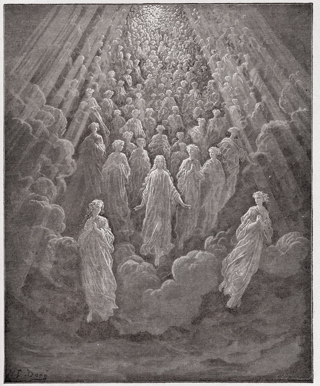 الكوميديا الإلهية (La Divina Commedia ، La Divine Comedie) ، Paradiso ، كانتو 5: مضيف عدد لا يحصى من النفوس المتوهجة في العالم الثاني - بقلم دانتي أليغييري (1265-1321) - رسم من غوستاف دوري (1832-1883) بواسطة غوستاف دور