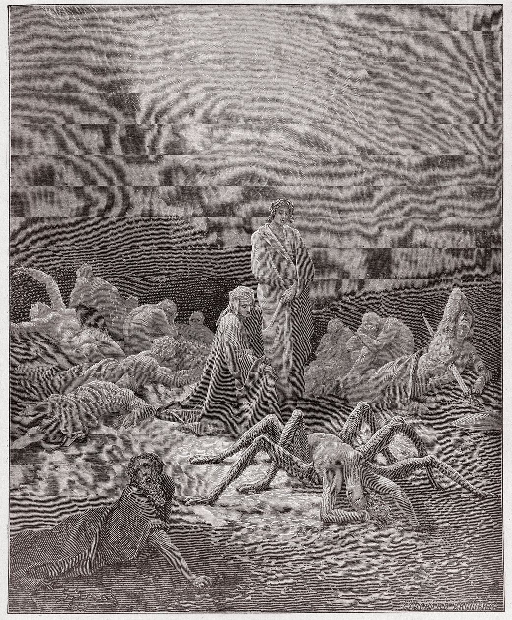 الكوميديا الإلهية (La Divina Commedia ، La Divine Comedie) ، Purgatorio ، Canto 12: دانتي يرى روح أراكني - بقلم دانتي أليغيري (1265-1321) - رسم من غوستاف دوري (1832-1883) بواسطة غوستاف دور