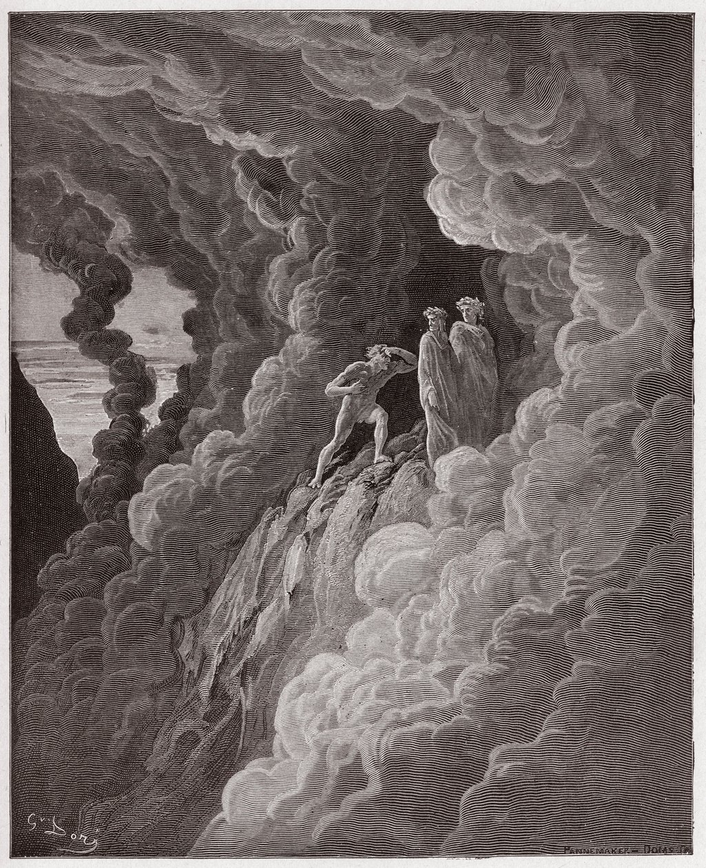 الكوميديا الإلهية (La Divina Commedia ، La Divine Comedie) ، Purgatorio ، Canto 16: ماركو لومباردو يتبع الشعراء من خلال الدخان - بقلم دانتي أليغييري (1265-1321) - رسم من غوستاف دوري (1832-1883) بواسطة غوستاف دور