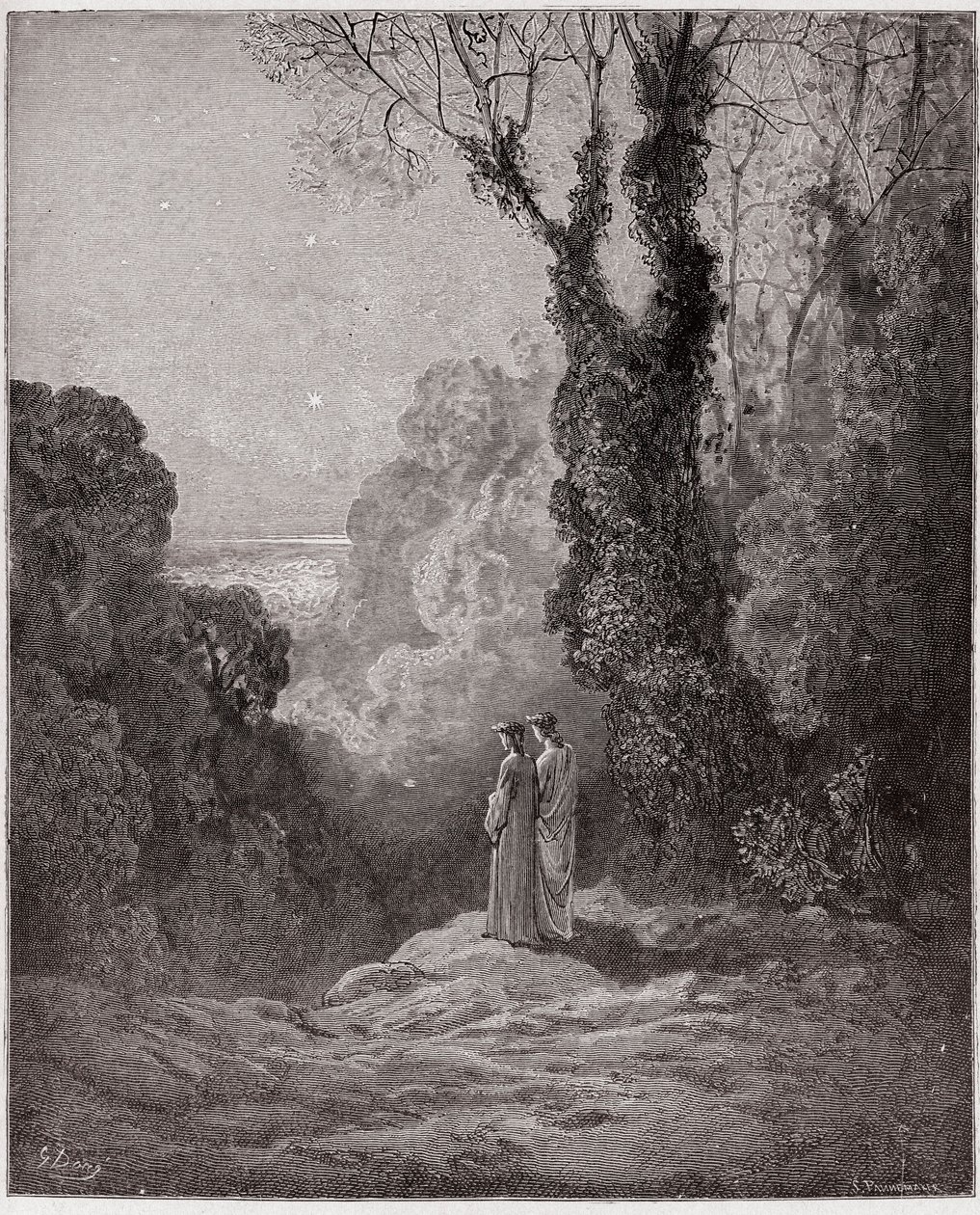 الكوميديا الإلهية (La Divina Commedia ، La Divine Comedie) ، Purgatorio ، Canto 1: يرى الشعراء جمال كوكب الزهرة في سماء الصباح - بقلم دانتي أليغيري (1265-1321) - رسم توضيحي لغوستاف دوري (1832-1883) بواسطة غوستاف دور