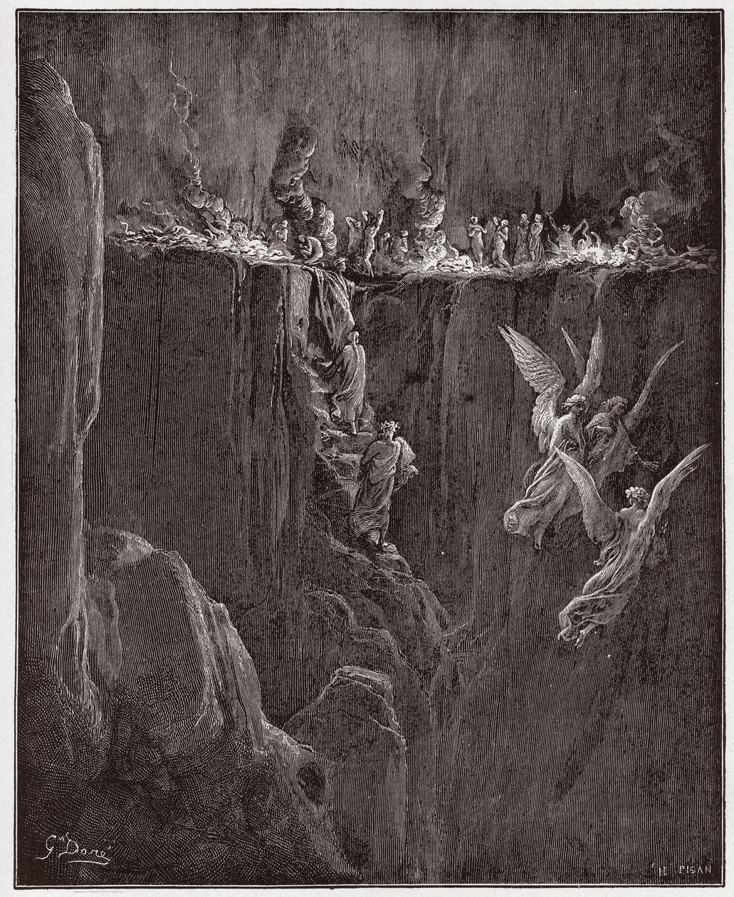 الكوميديا الإلهية (La Divina Commedia ، La Divine Comedie) ، Purgatorio ، Canto 25: Virgil و Dante يصعدان إلى الدائرة السابعة من خلال اللهب - بواسطة Dante Alighieri (1265-1321) - رسم من Gustave Dore (1832-1883) بواسطة غوستاف دور