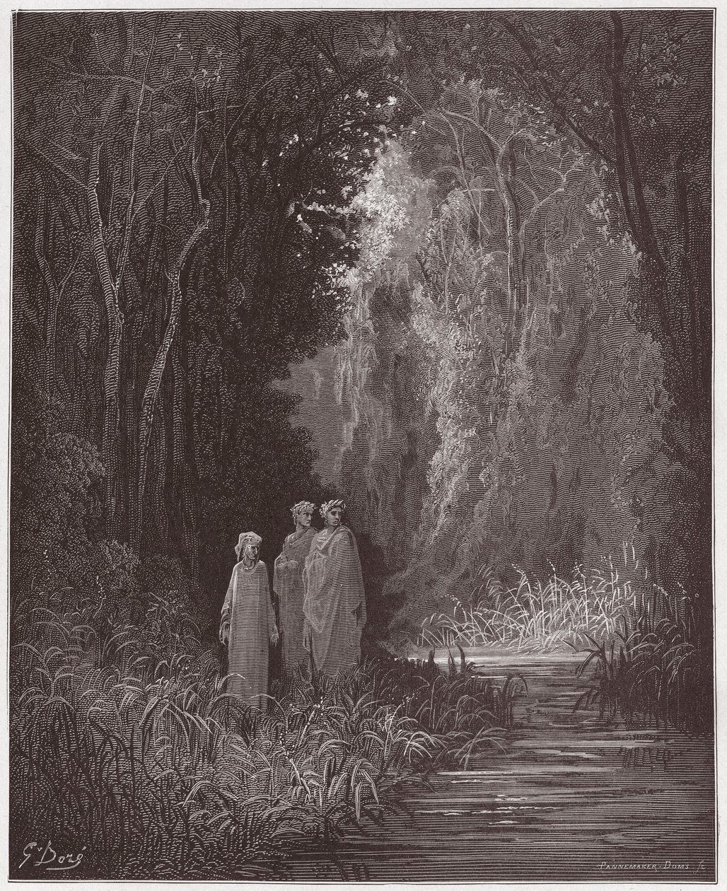 الكوميديا الإلهية (La Divina Commedia ، La Divine Comedie) ، Purgatorio ، Canto 28: Dante ، Virgil ، و Statius في الغابة القديمة من الجنة الأرضية - بواسطة Dante Alighieri (1265-1321) - رسم بواسطة Gustave Dore (1832-1883) ) بواسطة غوستاف دور