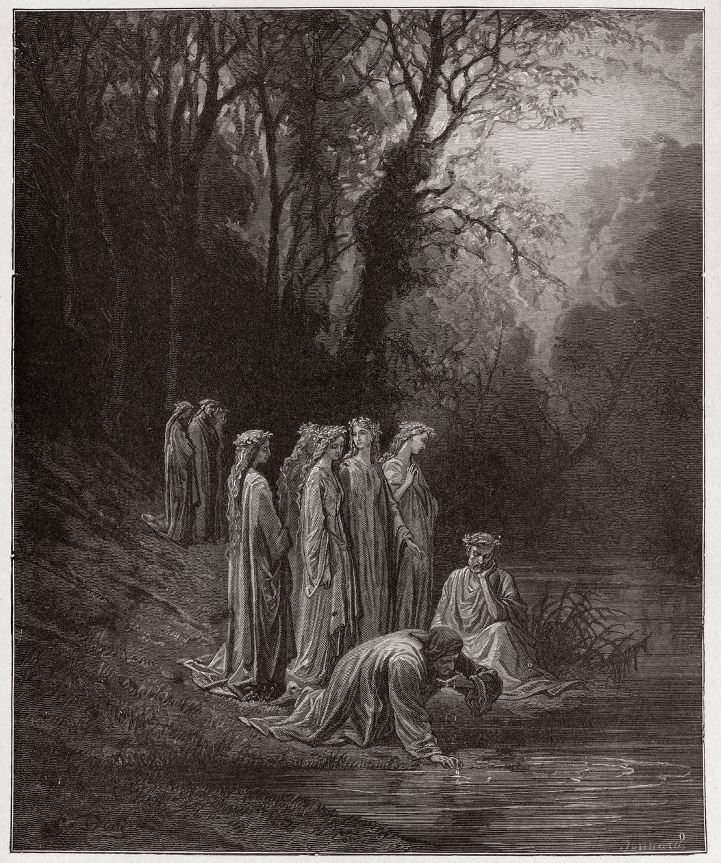 الكوميديا الإلهية (La Divina Commedia ، La Divine Comedie) ، Purgatorio ، كانتو 33: مشروبات Dante of the River Eunoe - بواسطة Dante Alighieri (1265-1321) - رسم من Gustave Dore (1832-1883) بواسطة غوستاف دور
