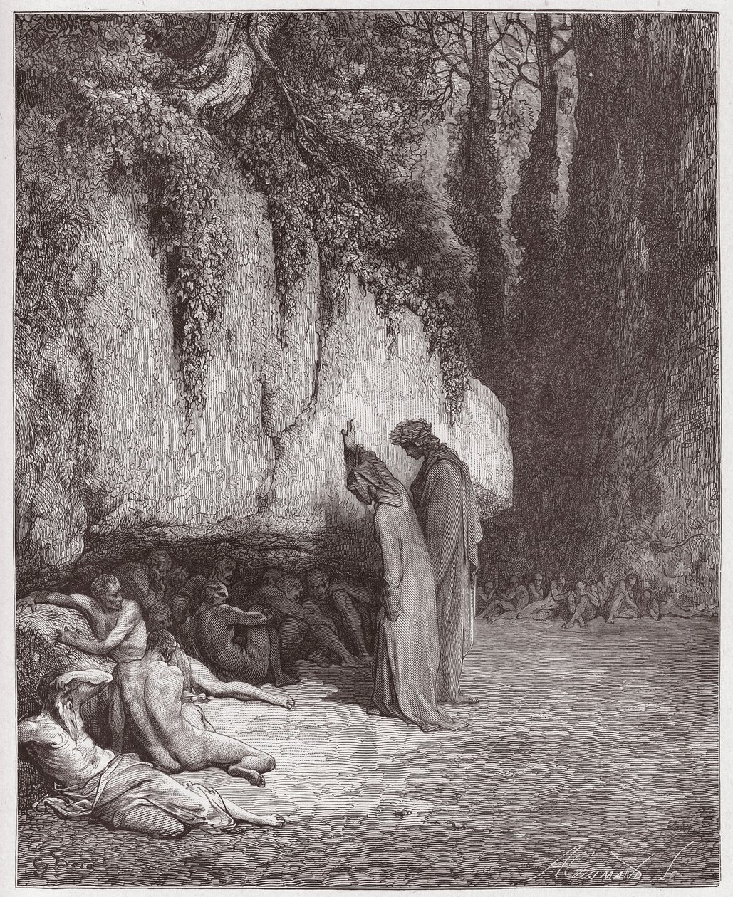 الكوميديا الإلهية (La Divina Commedia ، La Divine Comedie) ، Purgatorio ، كانتو 4: الأرواح البطيئة بجانب الصخرة - بقلم دانتي أليغيري (1265-1321) - رسم من غوستاف دوري (1832-1883) بواسطة غوستاف دور