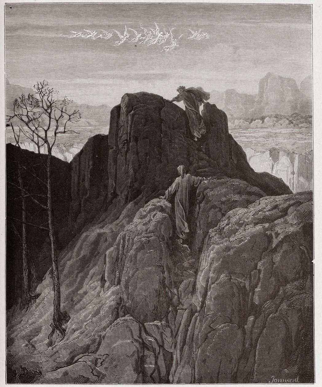 الكوميديا الإلهية (La Divina Commedia ، La Divine Comedie) ، Purgatorio ، كانتو 4: يقود فيرجيل دانتي أعلى سفح الجبل الوعر - بقلم دانتي أليغييري (1265-1321) - رسم توضيحي لغوستاف دوري (1832-1883) بواسطة غوستاف دور