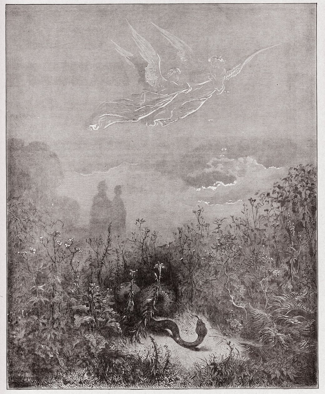 الكوميديا الإلهية (La Divina Commedia ، La Divine Comedie) ، Purgatorio ، Canto 8: الملائكة تطرد الثعبان - بقلم دانتي أليغييري (1265-1321) - رسم من غوستاف دوري (1832-1883) بواسطة غوستاف دور