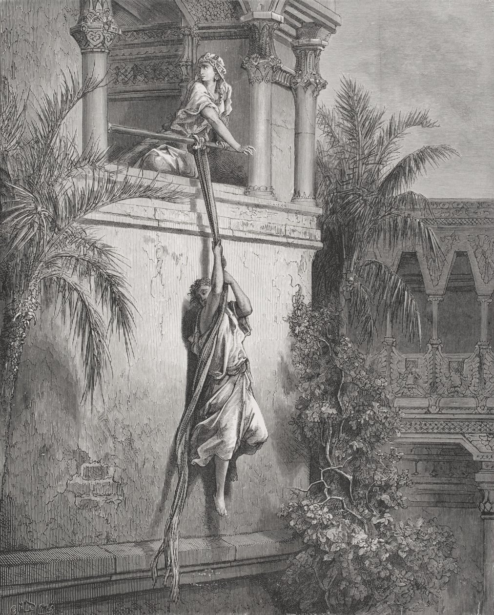 هروب داود من النافذة ، رسم توضيحي من "الكتاب المقدس" لدور ، 1866 بواسطة غوستاف دور