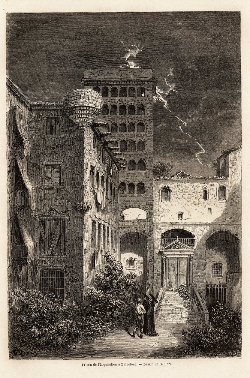 سجن محاكم التفتيش في برشلونة ، رسمه غوستاف دوري (1832-1883) ، لتوضيح رحلته إلى إسبانيا ، مع سي ديفيلييه ، في عام 1862. نقش في "" Le tour du monde "" ، تحرير إدوارد شارتون بواسطة غوستاف دور