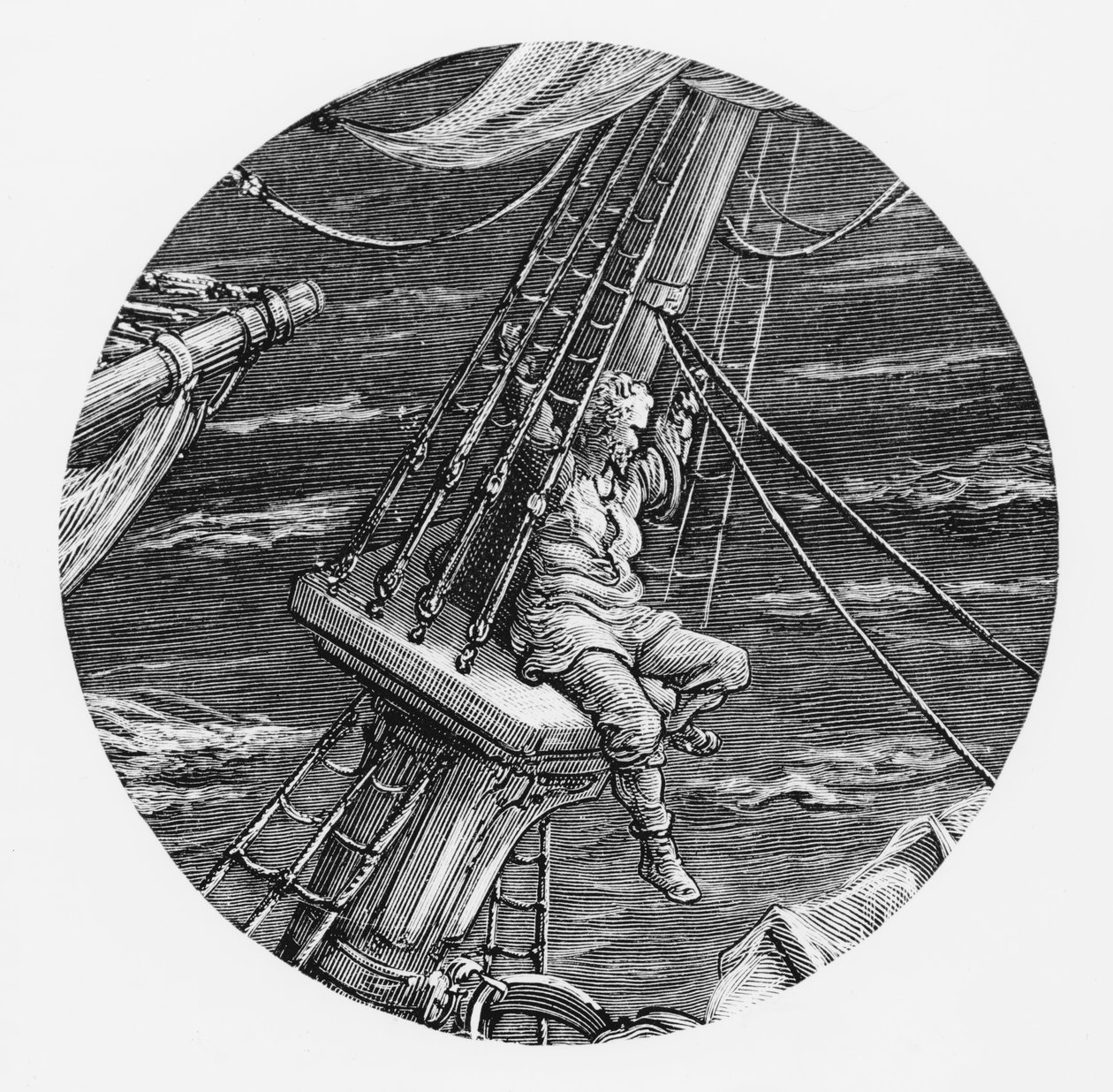 The Mariner على ارتفاع في أنبوب السفينة ، مشهد من "The Rime of the Ancient Mariner" بواسطة ST Coleridge ، نشره Harper und Brothers ، نيويورك ، 1876 (نقش الخشب) بواسطة غوستاف دور