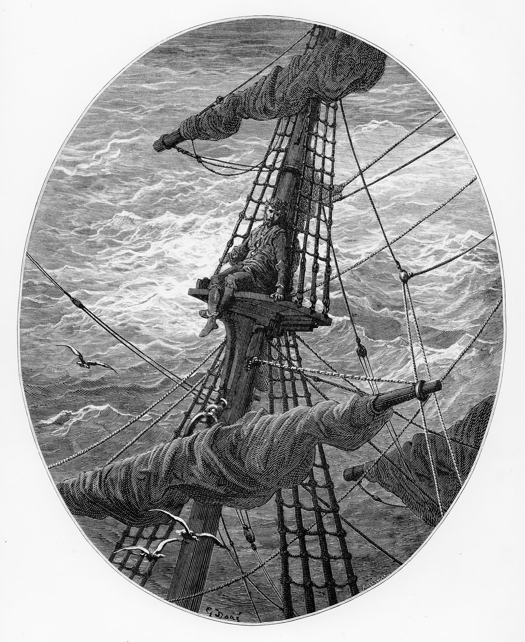 The Mariner أعلى الصاري أثناء العاصفة ، مشهد من "The Rime of the Ancient Mariner" بواسطة ST Coleridge ، نشره Harper und Brothers ، نيويورك ، 1876 (نقش الخشب) بواسطة غوستاف دور