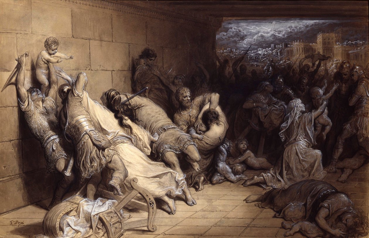 مذبحة الأبرياء ، ج 1870 (قلم وحبر مع غسيل مرتفعين باللون الأبيض على الورق) بواسطة غوستاف دور