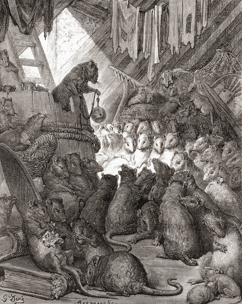 The Mice in Council ، المعروف أيضًا باسم "Belling the Cat" و "The Bell and the Cat" ، من إصدار أواخر القرن التاسع عشر لـ "Fables de La Fontaine" (نقش الخشب) بواسطة غوستاف دور