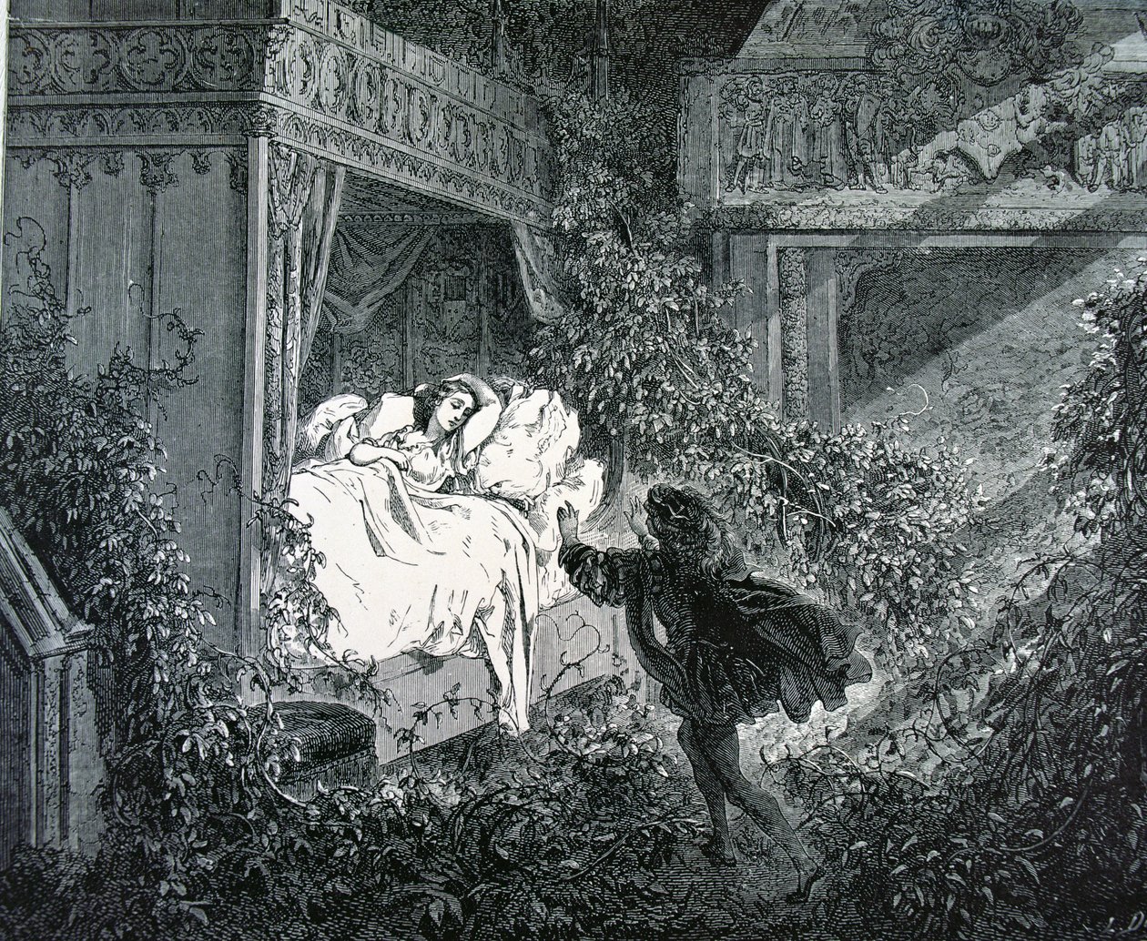 الأمير يدخل إلى غرفة نوم الأميرة في القلعة المسحورة ، رسم توضيحي لـ "الجمال النائم" لتشارلز بيرولت (1628-1703) بواسطة غوستاف دور