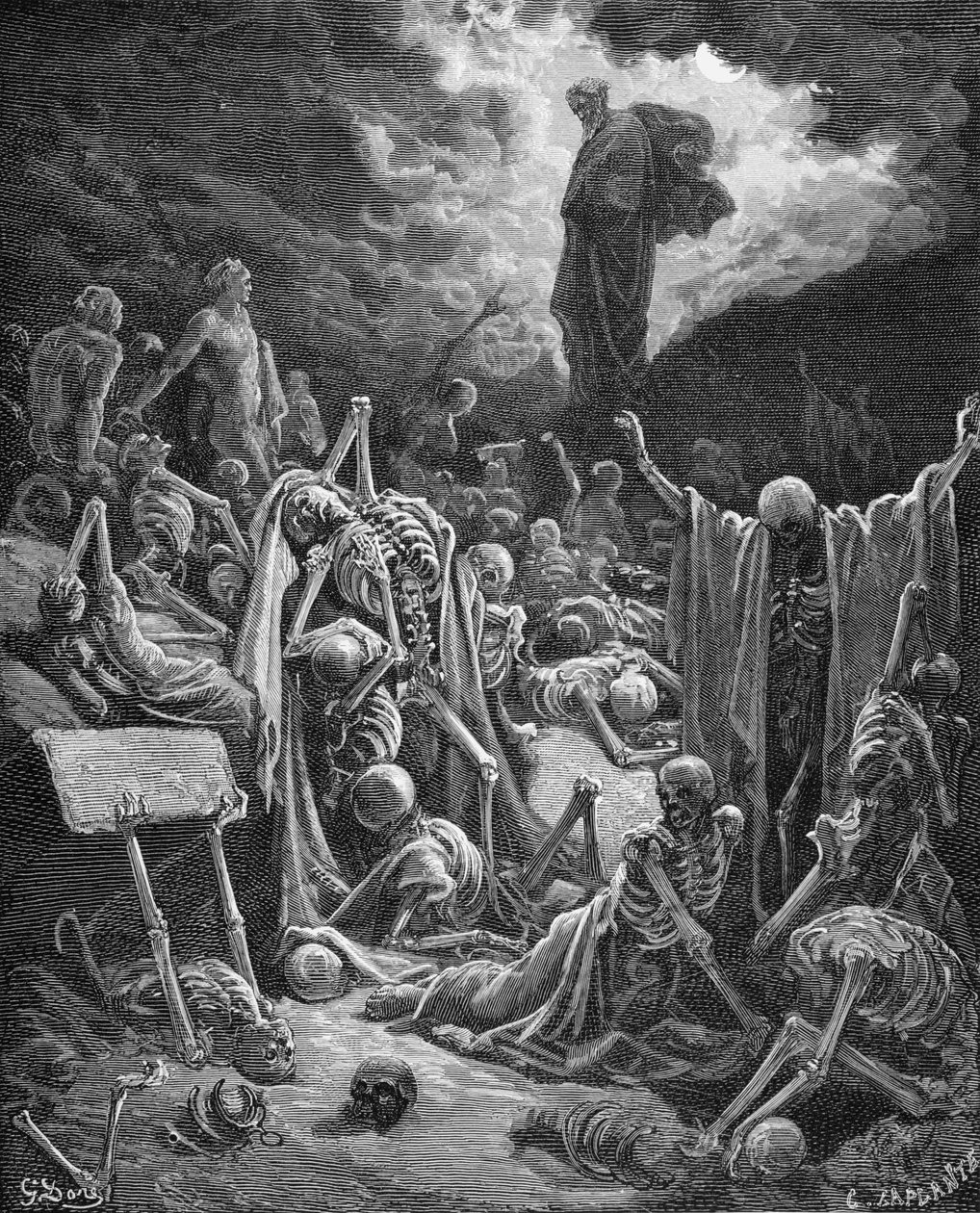 رؤية وادي العظام الجافة ، حزقيال 37: 1-2 ، رسم توضيحي من "الكتاب المقدس" لدور ، منقوش بواسطة C. Laplante (ت 1903) 1866 بواسطة غوستاف دور