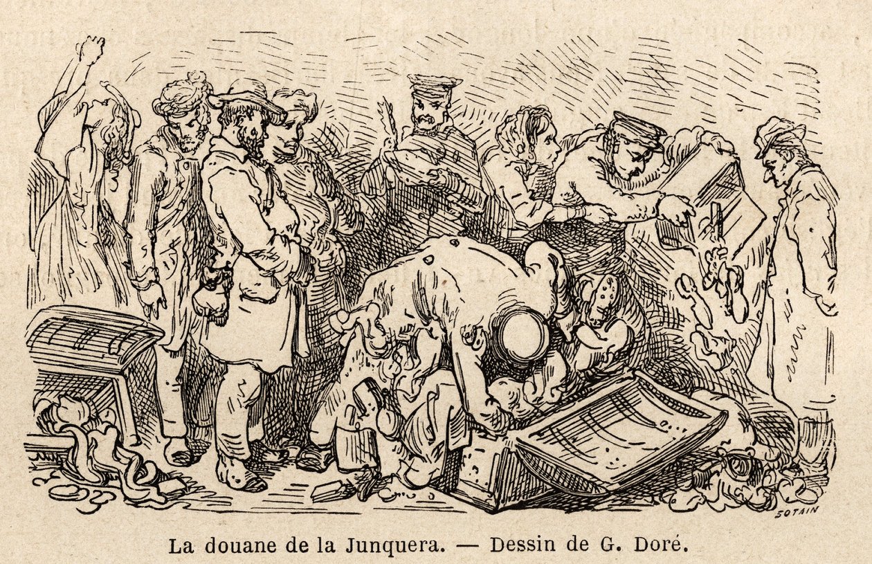 عادات جونكويرا (المدينة الواقعة بين كاتالونيا ومقاطعة جيرونا) ، التي رسمها غوستاف دوري (1832-1883) ، لتوضيح رحلته إلى إسبانيا مع سي دافيلييه ، في عام 1862. نقش في "" Le Tour du monde "" ، حرره إدوارد شارتون بواسطة غوستاف دور