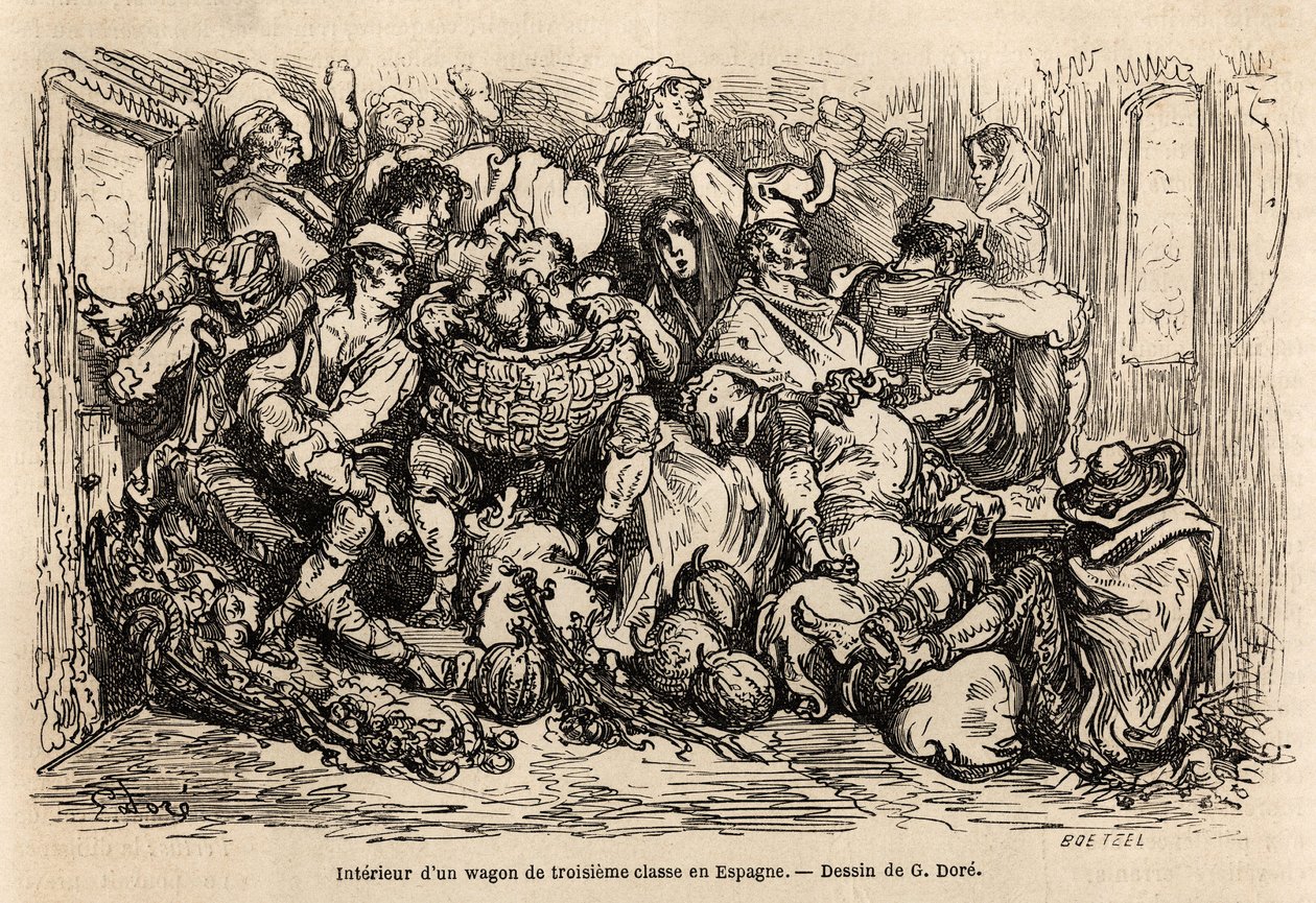 الجزء الداخلي لعربة واغن من الدرجة الثالثة في إسبانيا ، رسمه غوستاف دوري (1832-1883) ، لتوضيح رحلته إلى إسبانيا ، مع سي دافيلييه ، في عام 1862. نقش في "" Le tour du monde "" ، حرره إدوارد شارتون بواسطة غوستاف دور