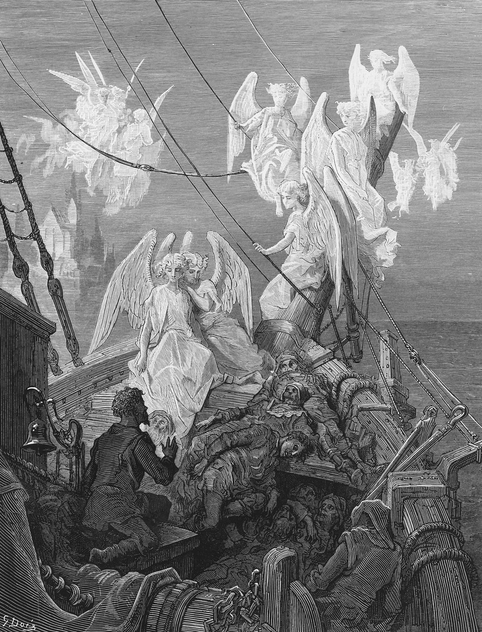يرى البحارة فرقة الأرواح الملائكية ، مشهد من "The Rime of the Ancient Mariner" بواسطة ST Coleridge ، نشره Harper und Brothers ، نيويورك ، 1876 (نقش الخشب) بواسطة غوستاف دور