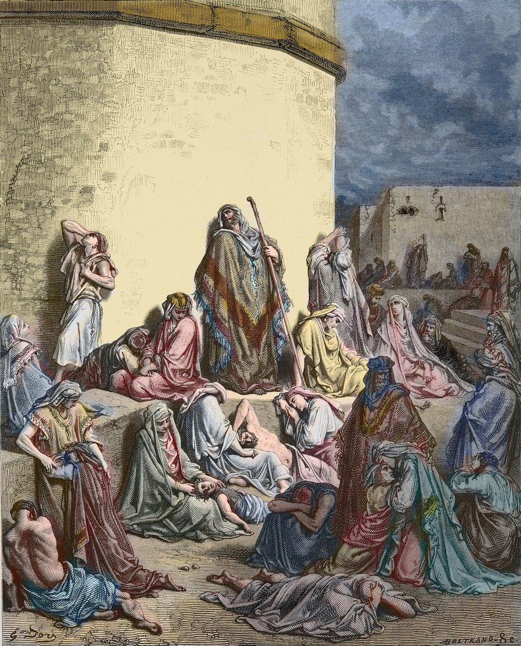 شعب إسرائيل ينعي أورشليم - العهد القديم - مراثي إرميا - الناس يصرخون على أنقاض القدس - - نقش لغوستاف دوري - تلوين لاحقًا بواسطة غوستاف دور